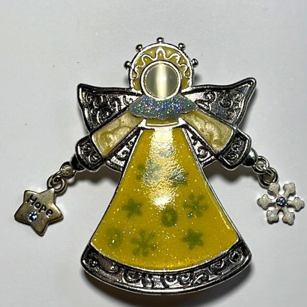 Vintage Angel brooch pastel yellow enamel silver pin.
